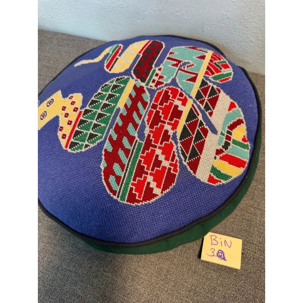 Vintage Needlepoint Throw Pillow Handmade Snake Graphic Multicolor Wool Round
